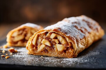 Delicious apple strudel with a golden crust and sweet apple filling on a rustic tabletop