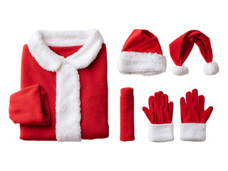 A santa suit with a jacket, two hats, a belt, and gloves laid out on a white or transparent background ready to wear