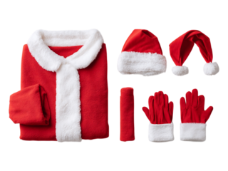 A santa suit with a jacket, two hats, a belt, and gloves laid out on a white or transparent background ready to wear