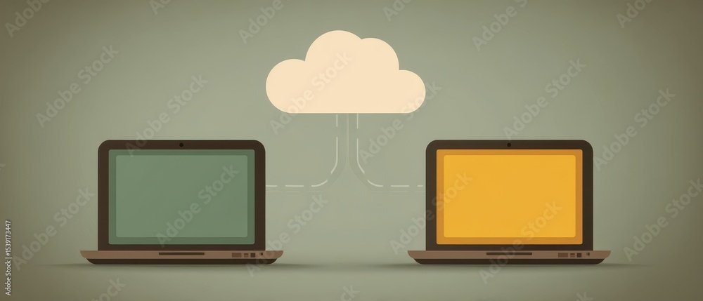 Poster networking collaboration cloud computing concept with two laptops connected to a cloud icon.