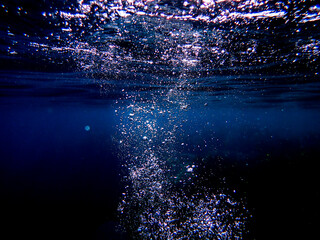 Bubbles under the sea in the crystal clear green sea water. Mediterranean sea bubbles, Air bubbles...