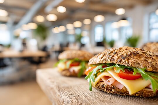 Delicious sandwiches with brie, arugula, and tomato in a modern workspace setting - Powered by Adobe