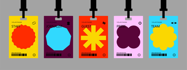 Plastic badges id card badges in a futuristic style. Journalist, guest, staff. Identification cards on a string, entrance ticket, pass.