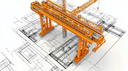 Engineering design of a large crane on architectural blueprints.