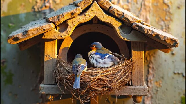 Two sparrows sit in a wooden birdhouse. The morning sunlight casts warm golden hues on the textured bark, a rustic tranquility captured with a still camera.