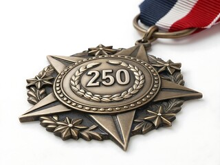 Bronze medallion with number 250 and ribbon
