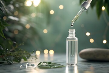 Natural essential oil dropper bottle with green leaves