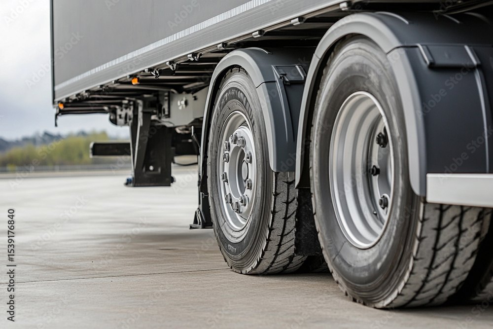 Poster close up view of truck tires on asphalt surface generative ai