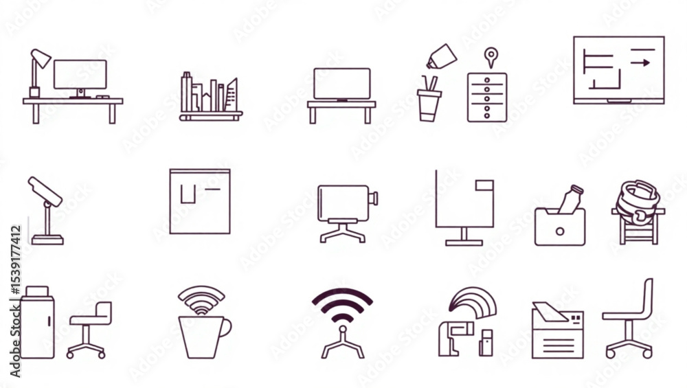 Poster outline icons depicting office and work from home objects and furniture in a simple line art style c