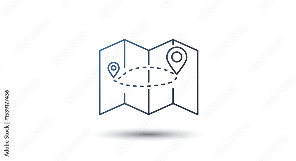 Poster a line drawing of a folded map with two location markers connected by a dotted line on a white backg