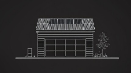 Architectural drawing of a small garage with solar panels.