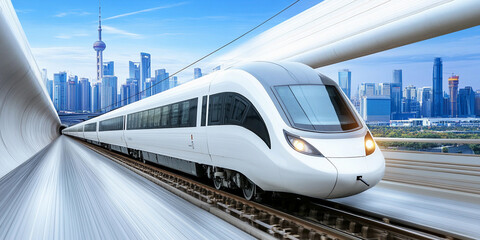 Naklejka premium High-speed white train racing through modern city landscape Generative AI