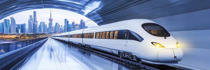 High-speed white train in urban tunnel at dusk Generative AI