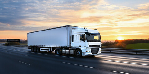 White semi truck drives along highway during sunset Generative AI