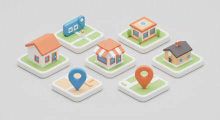 Obraz premium Isometric view of houses store and buildings with map markers on a white background illustration