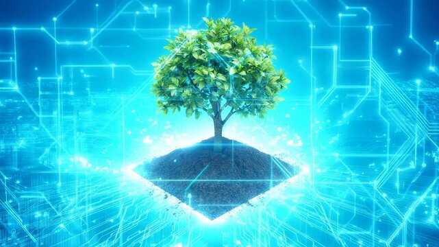 Tree with soil growing on the converging point of computer circuit board. Blue light and wireframe network background. Green Computing, Green Technology, Green IT, csr, and IT ethics Concept