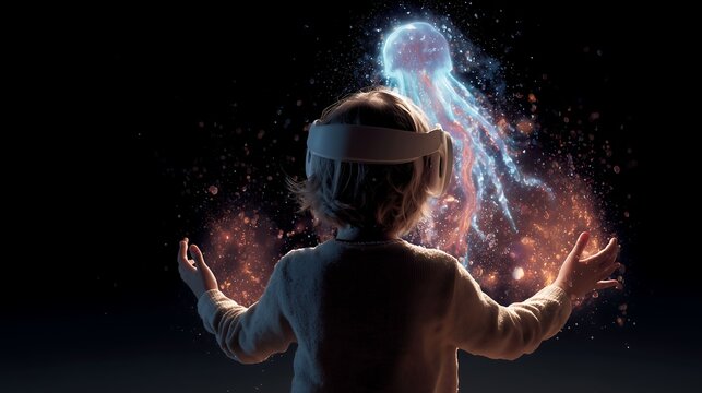 Child sculpting with light in the metaverse, symbolizing limitless creativity and imagination in the digital age. Future of art and education technology - Powered by Adobe