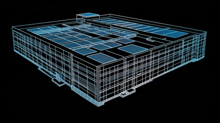 Wireframe illustration of a large warehouse building.