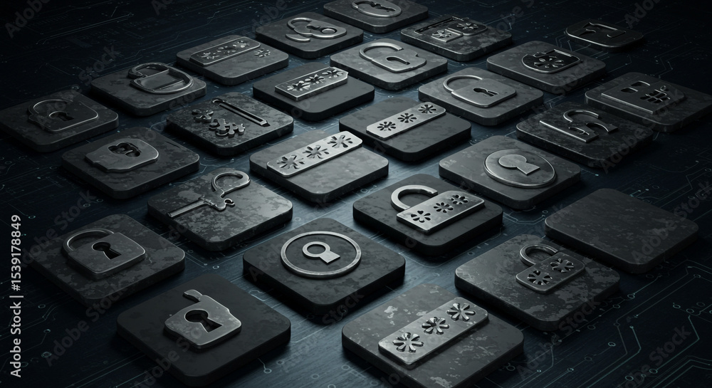 Aufkleber a collection of various lock and security icons arranged on a dark surface with circuit board patter