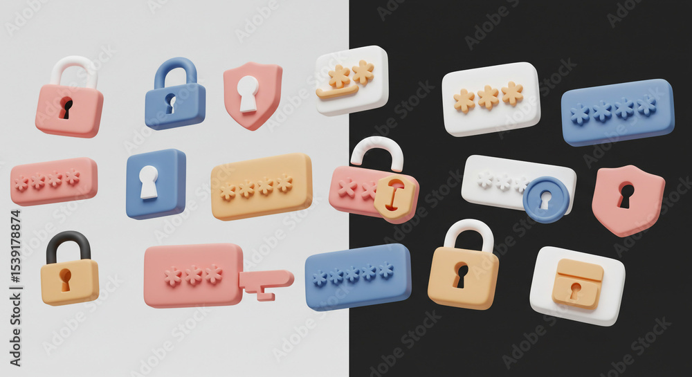 Poster a collection of security icons featuring padlocks shields and passwords on a split background design