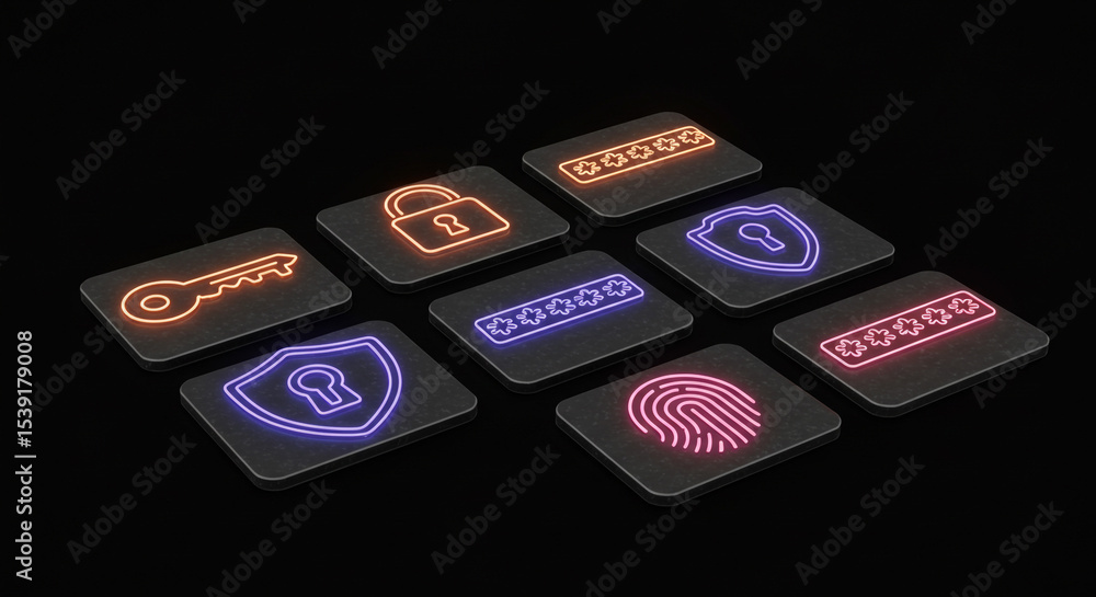Aufkleber neon security icons including key lock shield password and fingerprint on black background isometric