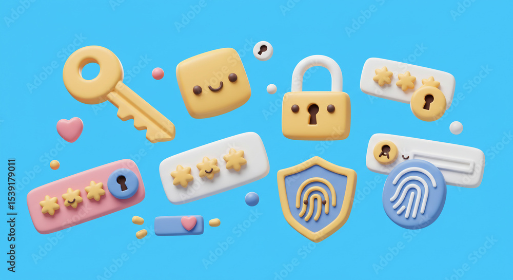 Poster a colorful collection of security icons including keys locks and fingerprint scanners on a blue back