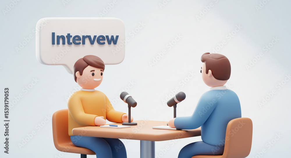 Aufkleber two cartoon characters sitting at a table with microphones and a speech bubble with interview on it