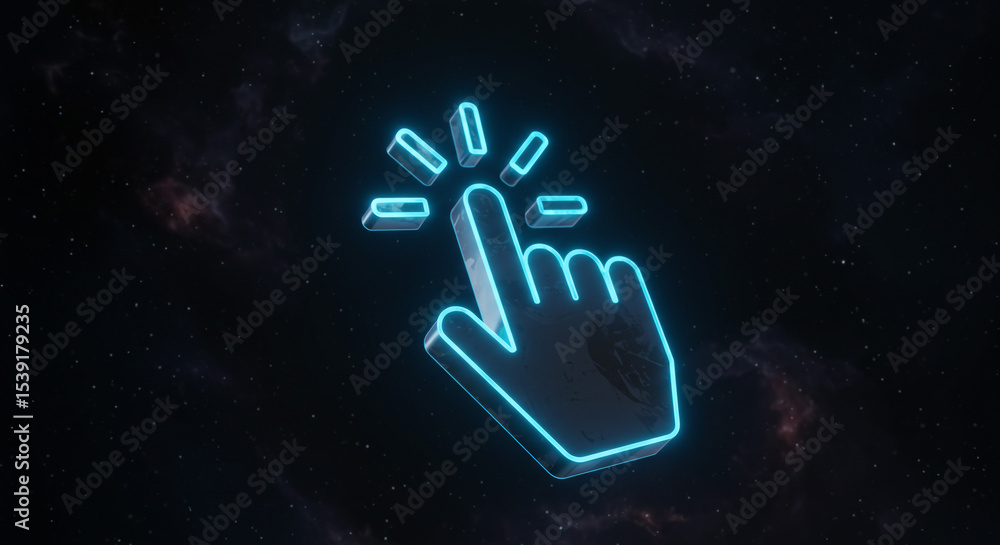 Poster a glowing blue hand pointer with radiating lines on a dark space background with stars and nebula