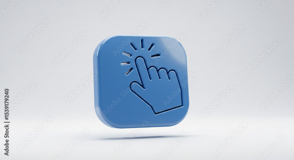 Poster a blue square icon with a hand clicking on it against a white background in a studio setting