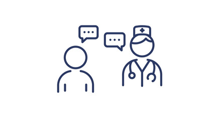 Outline illustration of patient and doctor communicating with speech bubbles on a white background