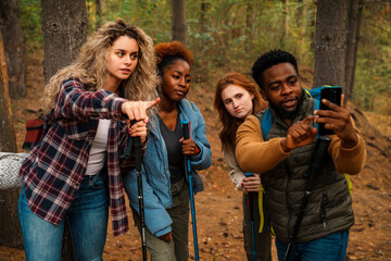 A diverse group of four friends hiking in a forest, they using phone for maps to decide what forest path to pick.