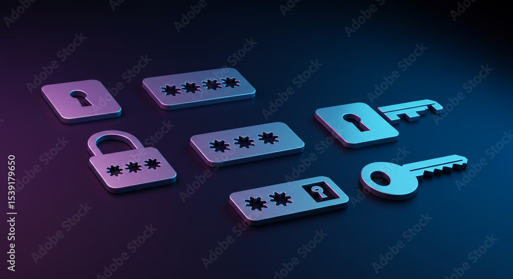 Aufkleber a digital security concept with keys, locks, and password fields on a dark gradient background