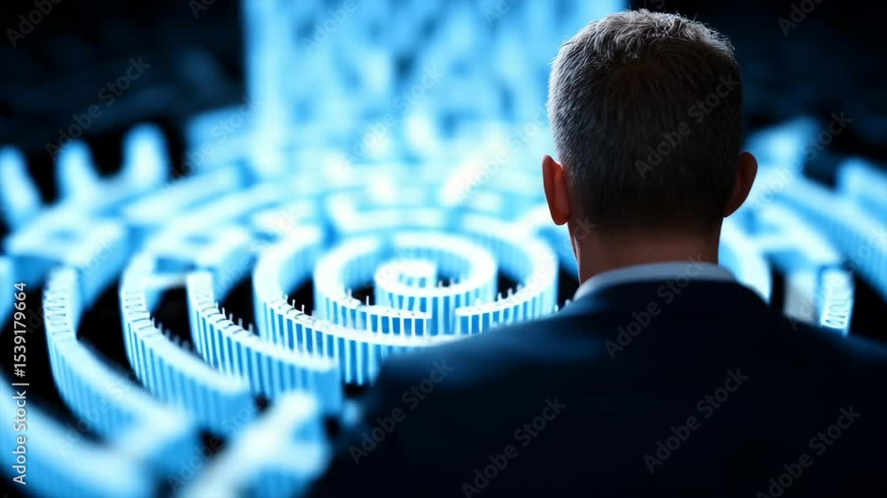 Poster a man in formal attire stands calmly, observing a mesmerizing digital maze illuminated with captivat