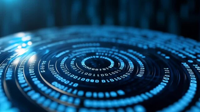 Digital patterns swirl around in a mesmerizing display of blue tones and binary code effects