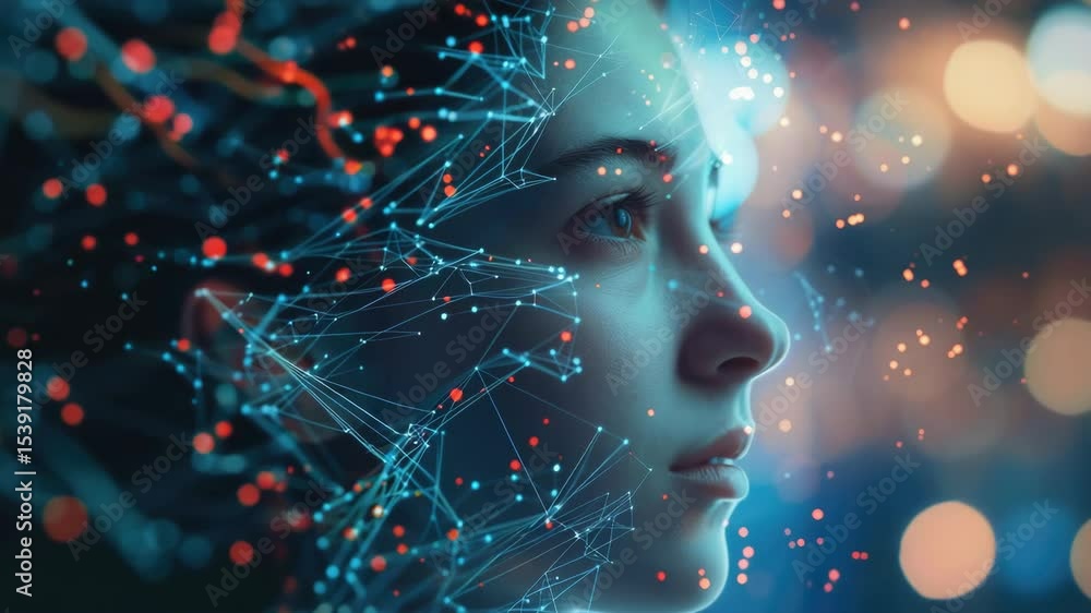 Poster innovative concept of human-tech integration, showcasing futuristic digital interface and neural net
