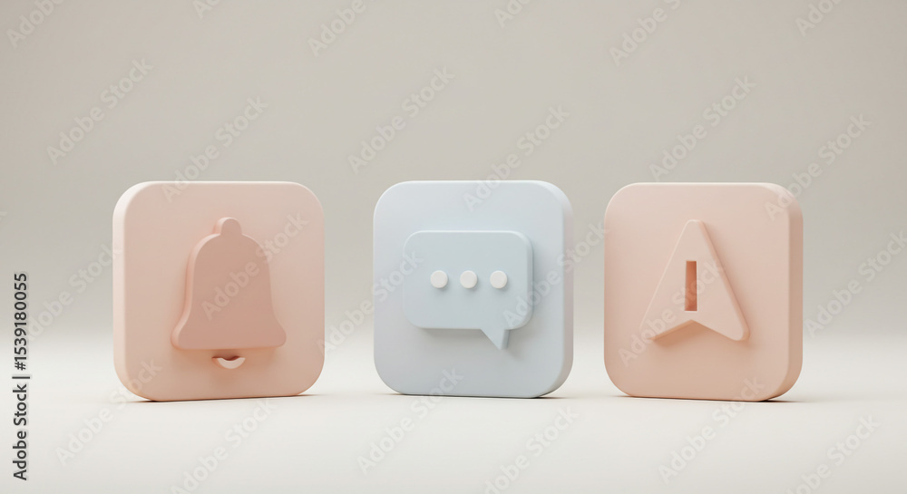 Poster three dimensional notification bell chat and location icons on a light background in a studio shot