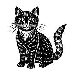 Black and white cat illustration of a cute kitten sitting pretty with detailed fur and whiskers design