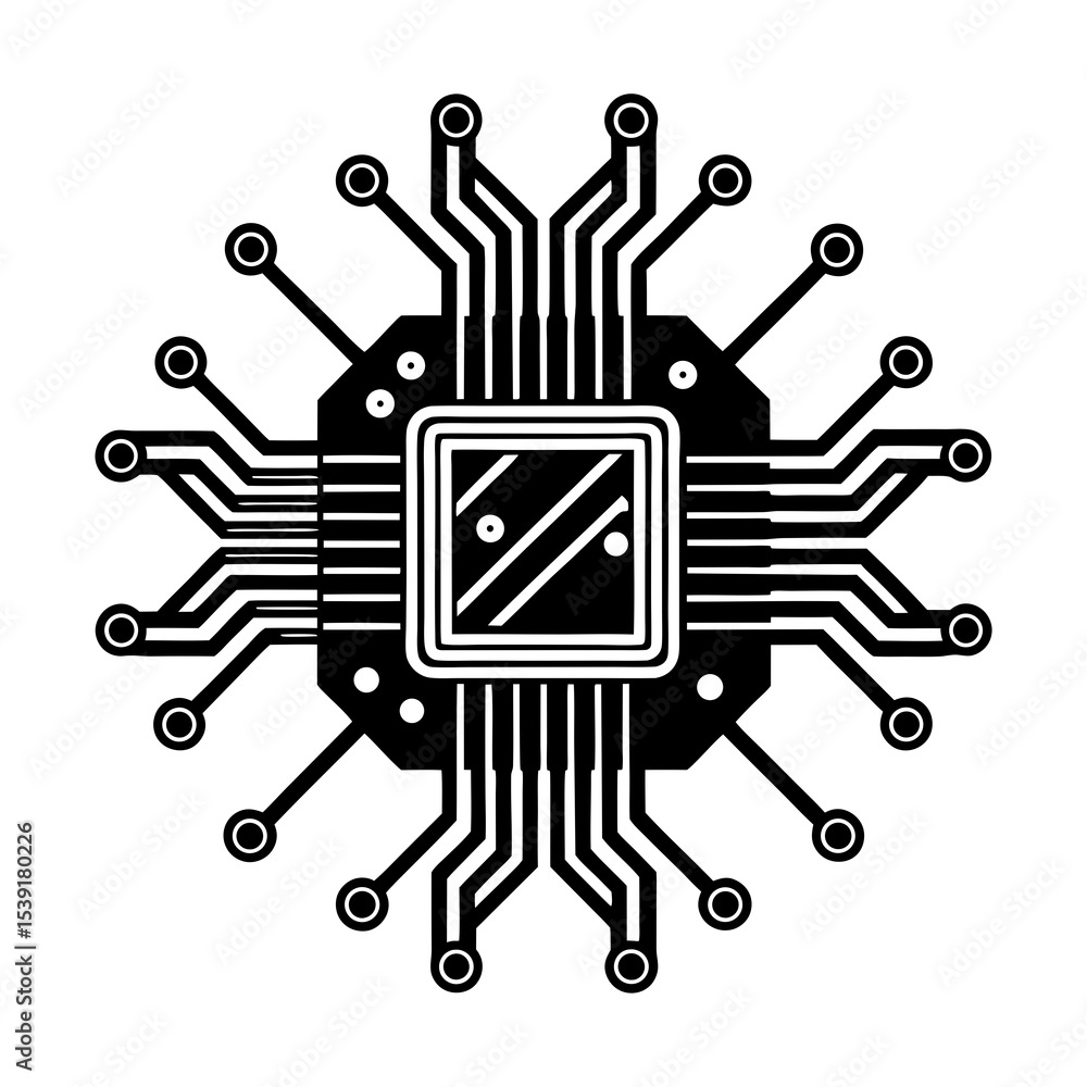 Poster black and white cpu processor vector illustration for technology and computer science concepts desig