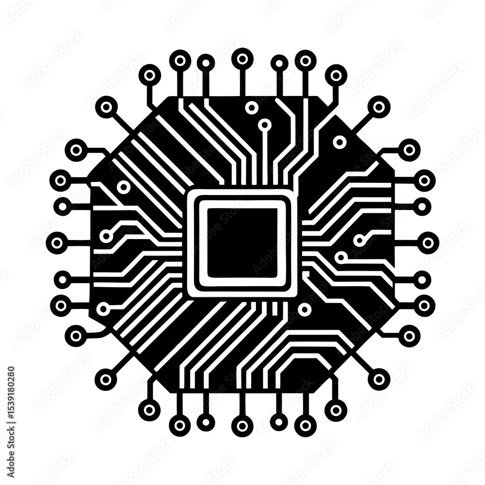 Poster black and white cpu microchip vector illustration for computer technology and electronics design
