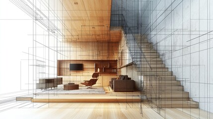 Interior design sketch of a modern living room with stairs.