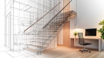 Interior design sketch overlaid on a modern home design.
