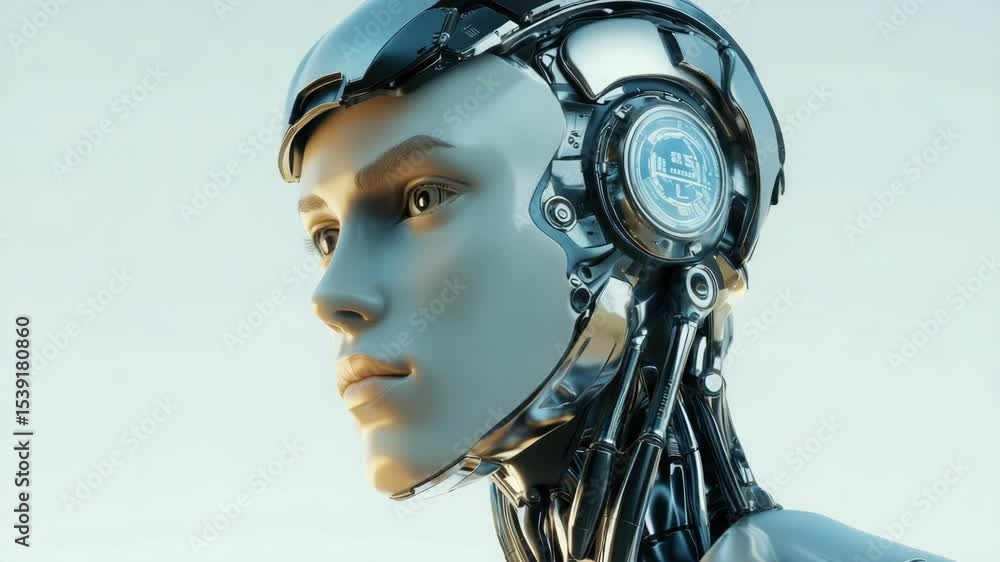 Aufkleber the features a robotic head and face, showcasing the intricate integration of technology into the hu
