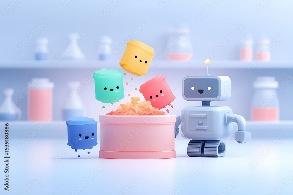 Poster charming 3d render of a robot watching colorful containers emptying contents into a central bin. pla