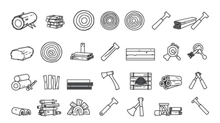 Illustration of various wood logs, planks, axes, and other woodworking tools in outline style created with generated ai
