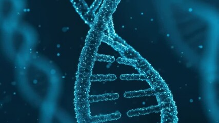 A blue DNA helix structure with luminous particles slowly rotates on a dark background