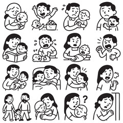 15 Expressive Doodle Vector Icons of Parenting Life – Black and White Cartoon Line Art