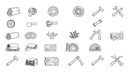Illustration of woodworking elements including logs, wood planks, tools and plants in outline style created with generated ai
