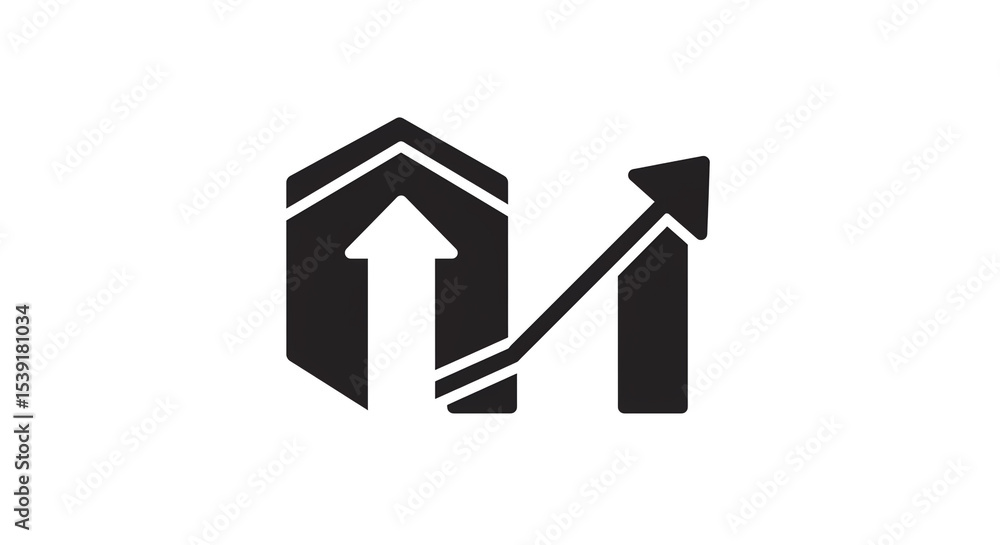 Poster a black and white logo with an arrow pointing up and a hexagon shape on a white isolated background