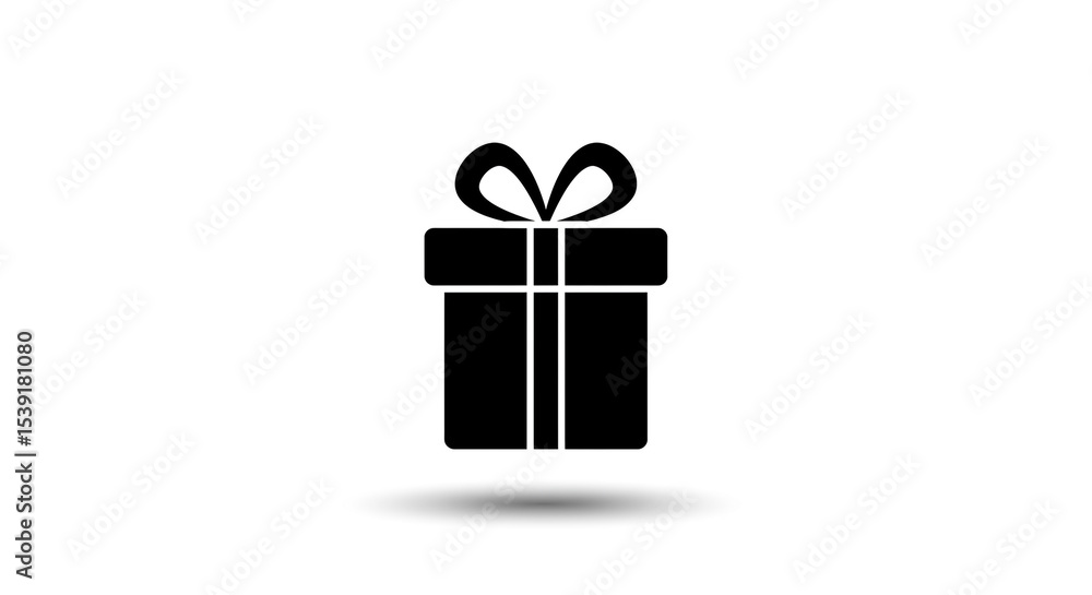 Poster a simple black gift box icon with a bow on a white background casting a soft shadow beneath it nicel