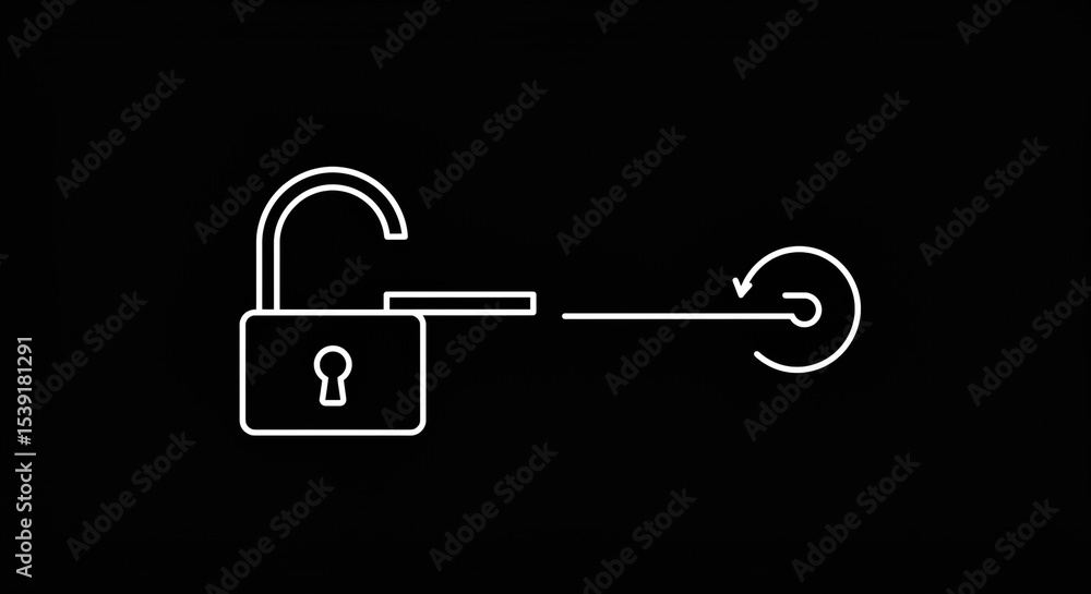 Aufkleber white outline of an unlocked padlock with a key and a circular arrow on a black background design co